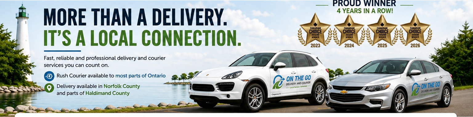 OTG Delivery vehicles on a Norfolk County waterfront with Canadian Choice Award recognition